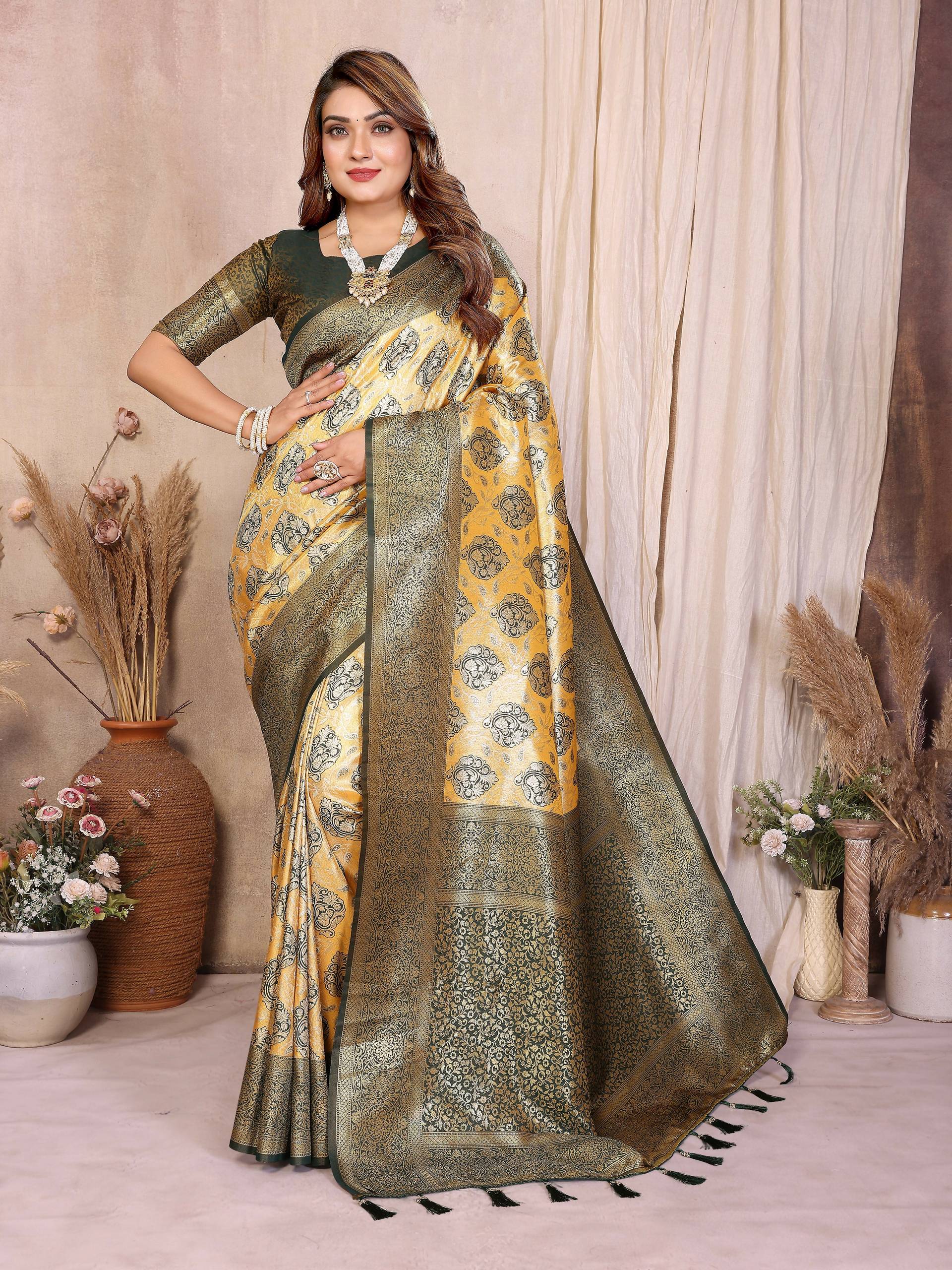 Aastha Fashion Mustard Banarasi Tissue Silk Weaving Saree