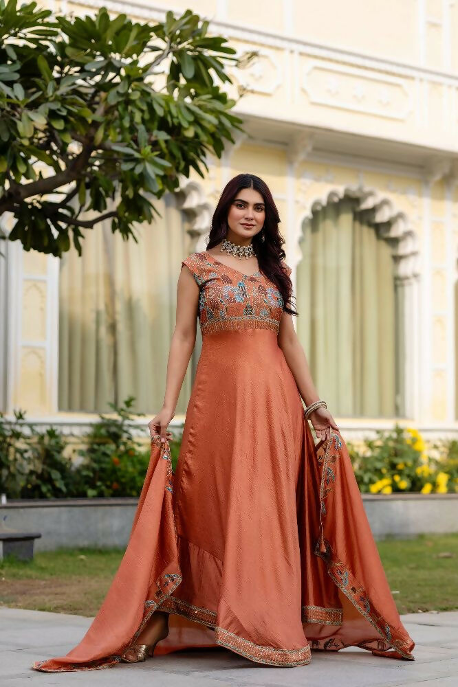 Teeya Creation Orange Color Vichitra Silk Designer Party Wear long Gown
