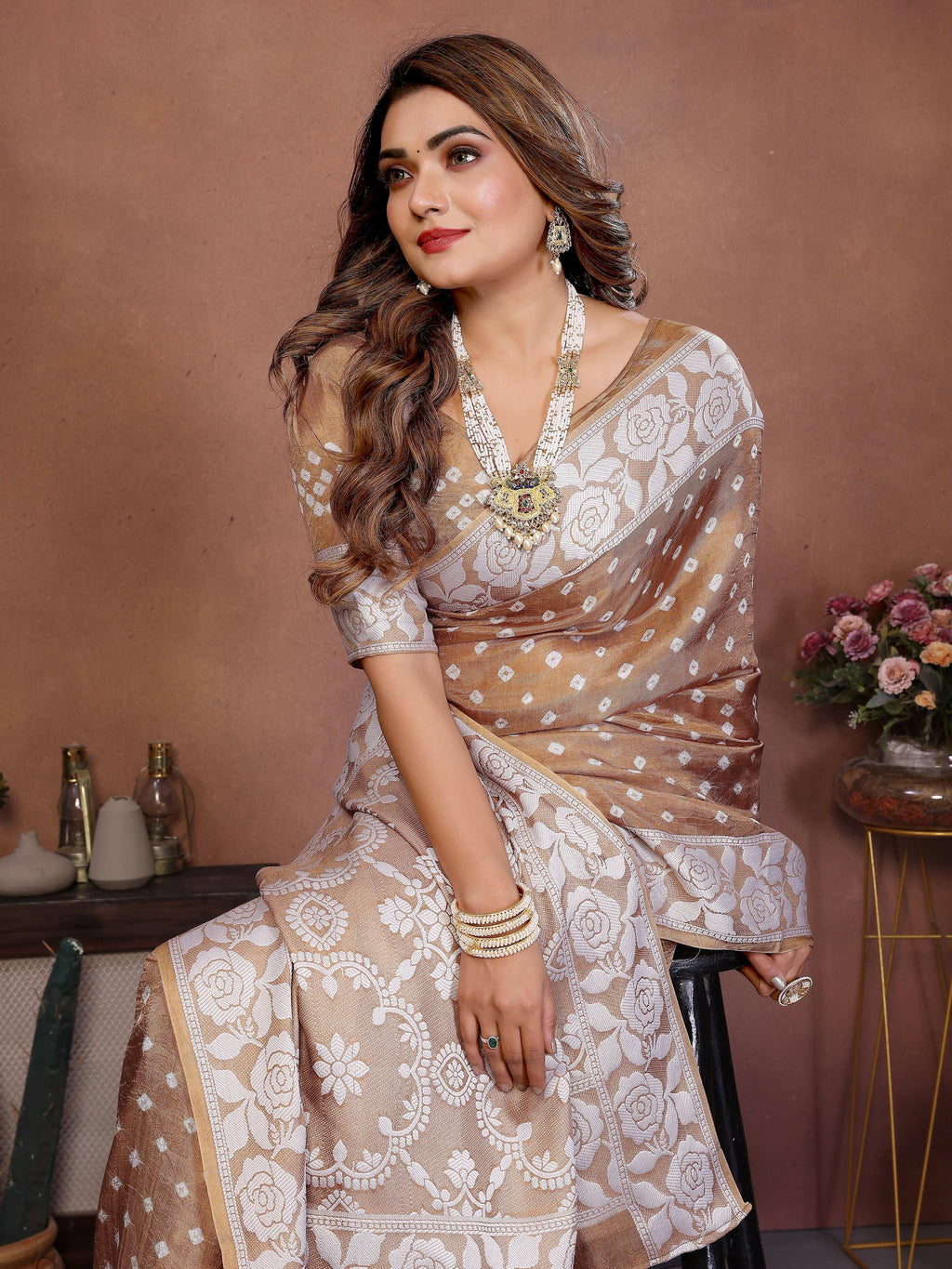 Aastha Fashion Light Brown Viscose Silk Handmade Original Bandhej Saree