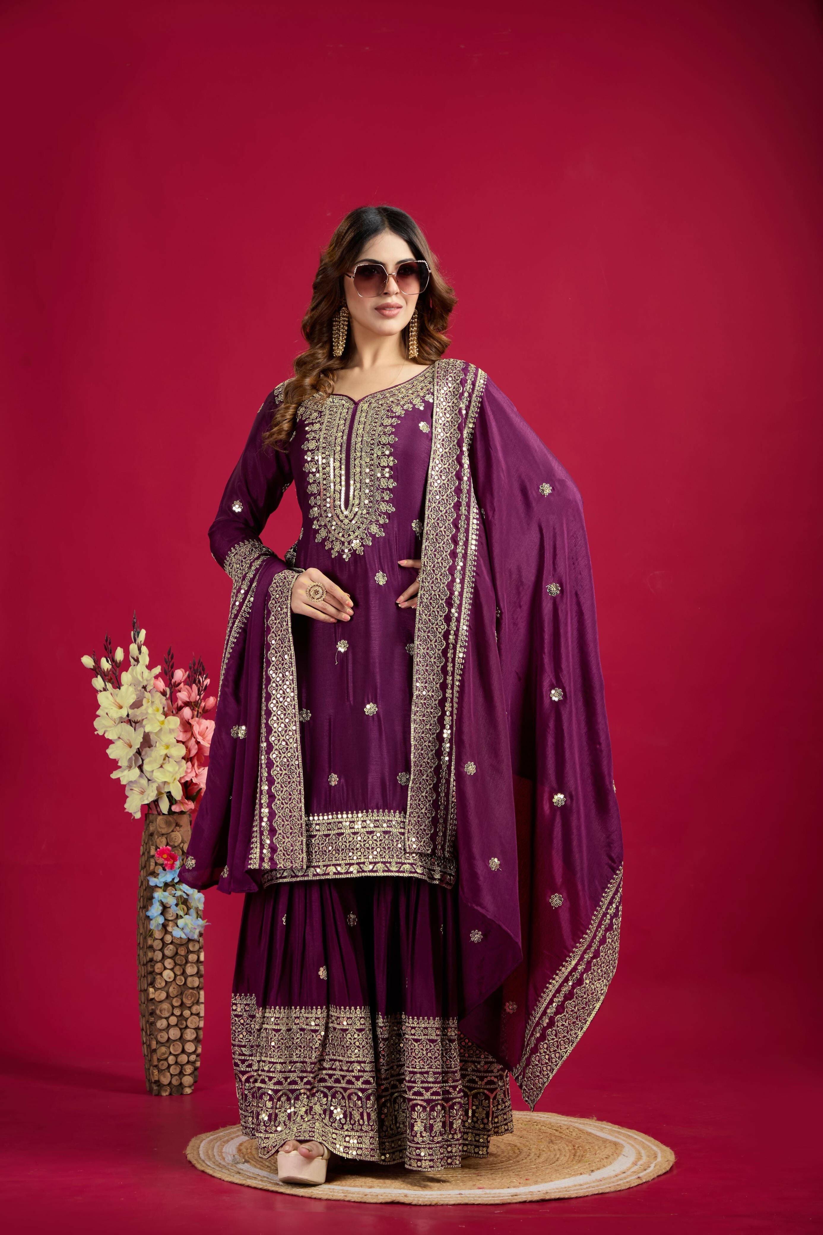 Joban Fashion Violet Kurta Set Silk Sequins , Zari, Coding & Thread Embroidered work