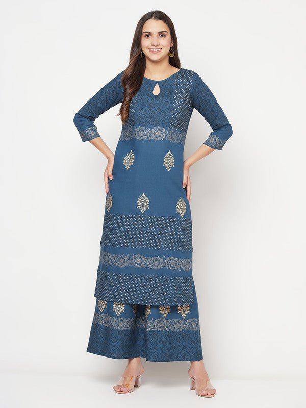 Aniyah Rayon Block Print Straight Blue Kurta