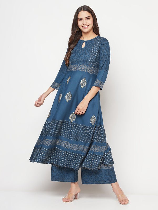 Aniyah Rayon Block Print Blue Anarkali Palazzo Set