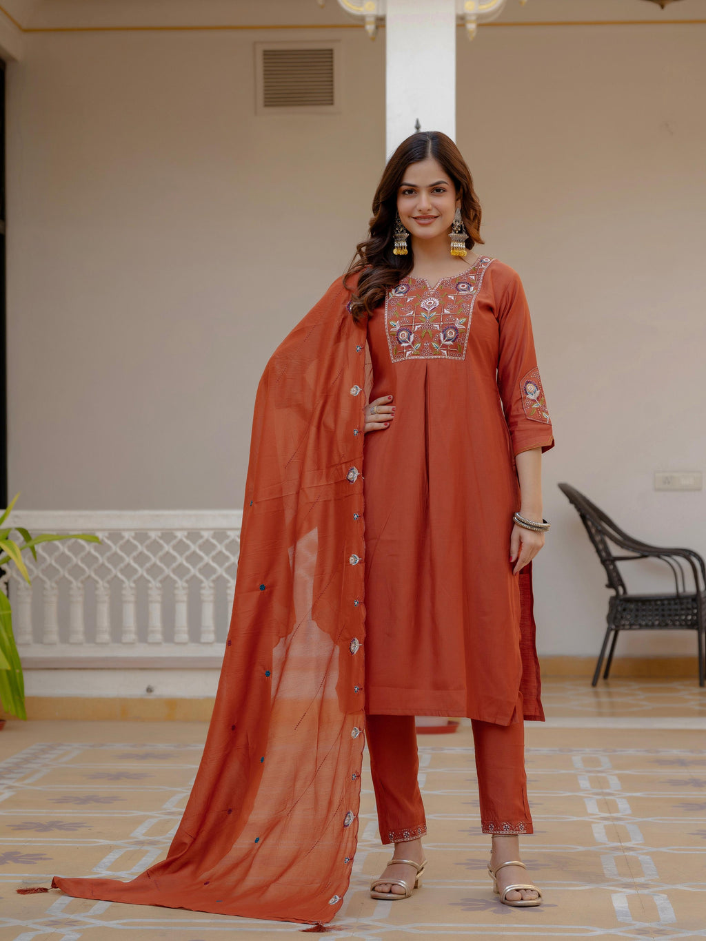 Pramukh Fab Rust Color Viscose Mango Silk Kurta Set