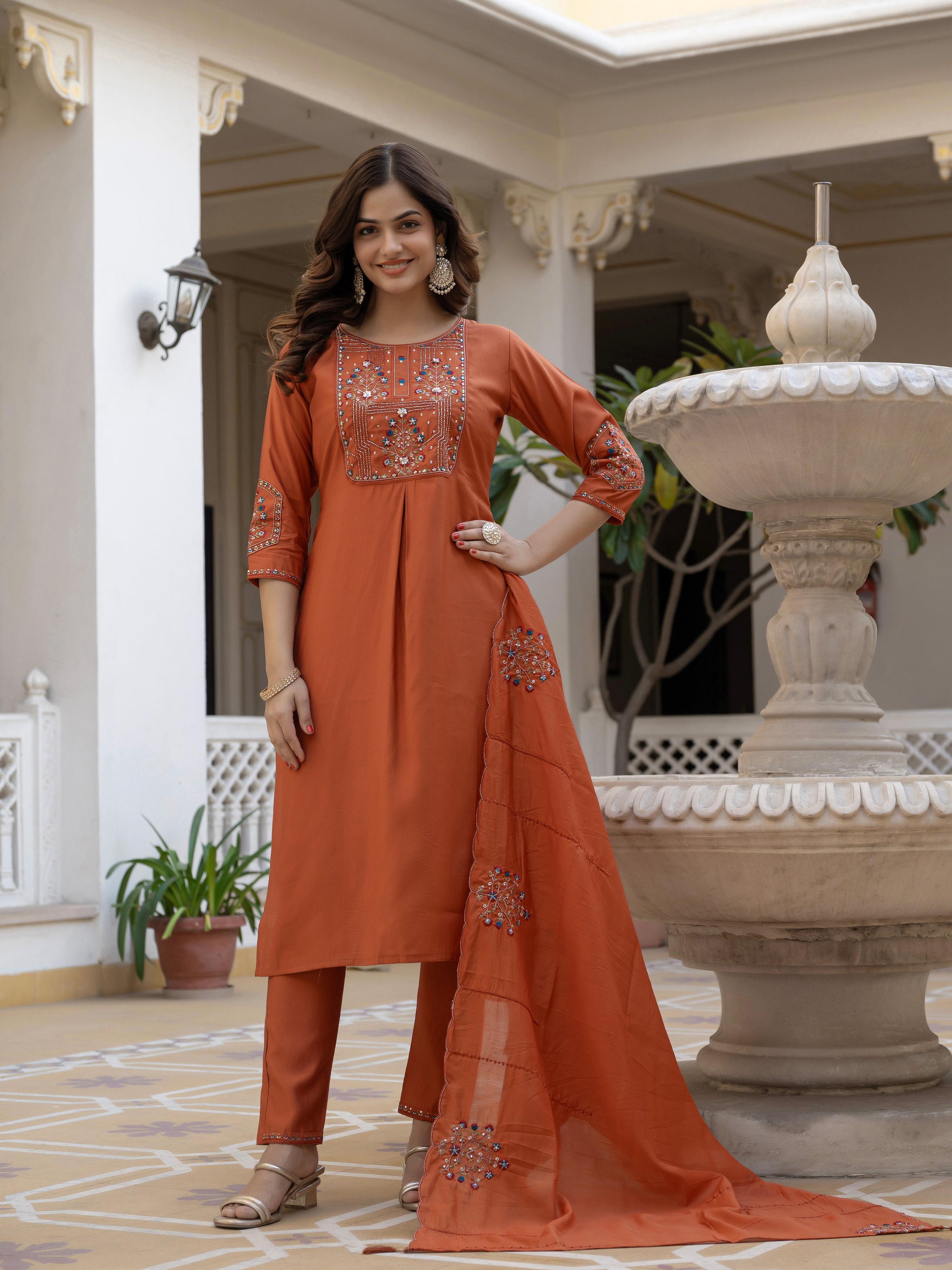 Pramukh Fab Rust Color Viscose Mango Silk Kurta Set