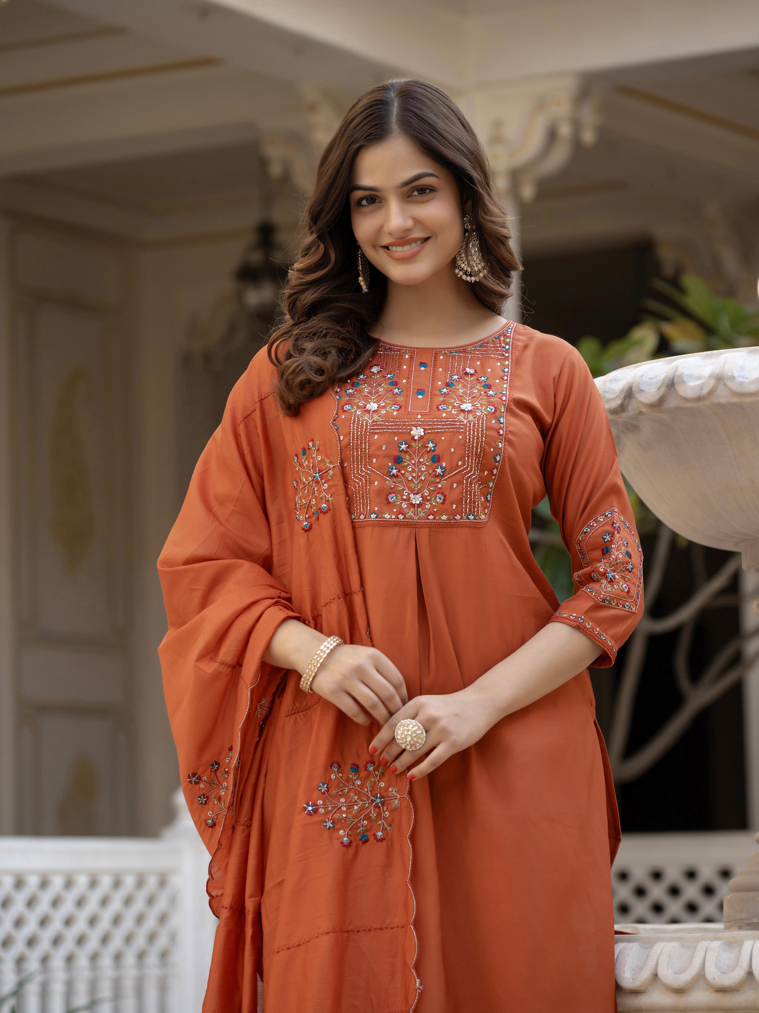 Pramukh Fab Rust Color Viscose Mango Silk Kurta Set