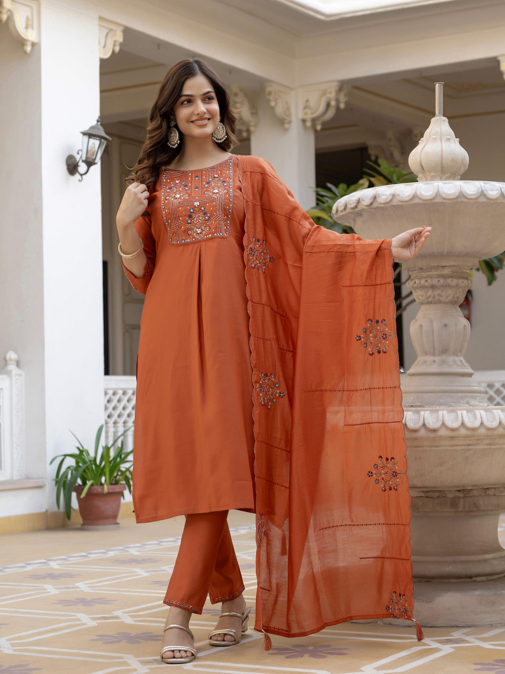 Pramukh Fab Rust Color Viscose Mango Silk Kurta Set