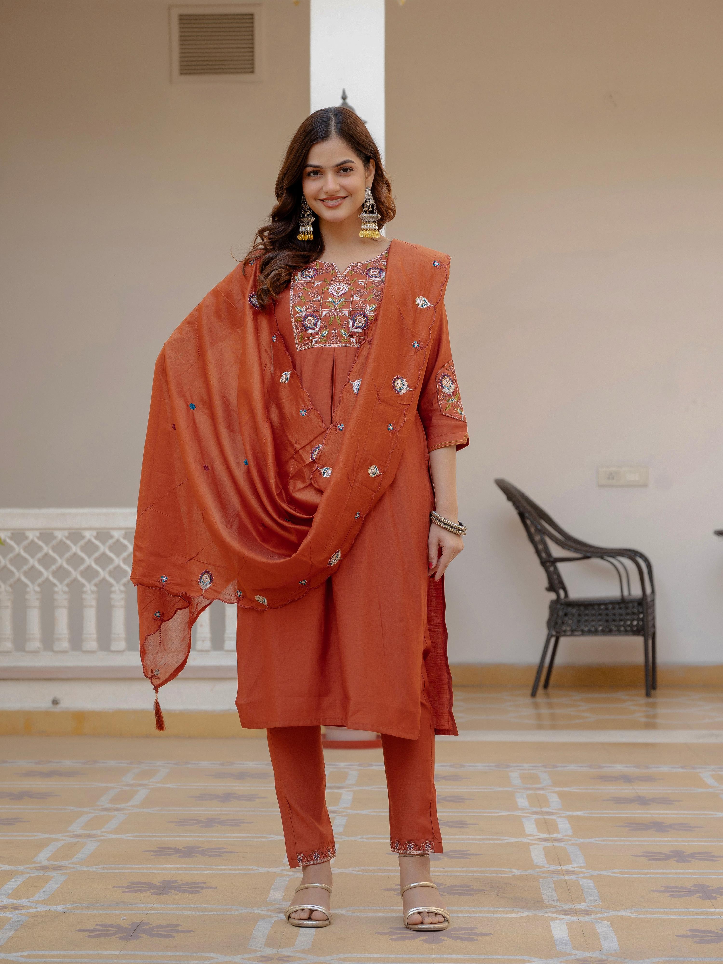 Pramukh Fab Rust Color Viscose Mango Silk Kurta Set