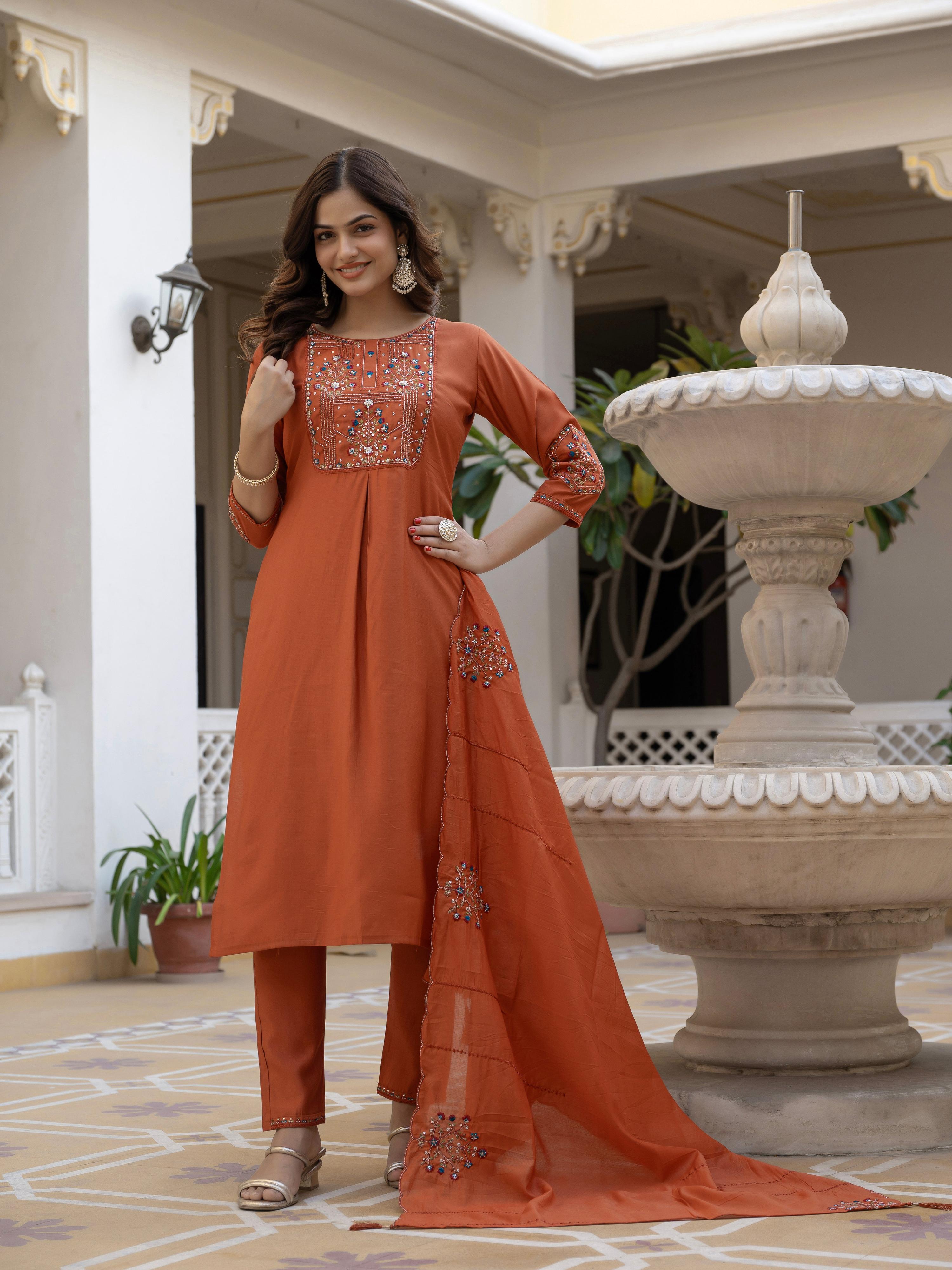 Pramukh Fab Rust Color Viscose Mango Silk Kurta Set