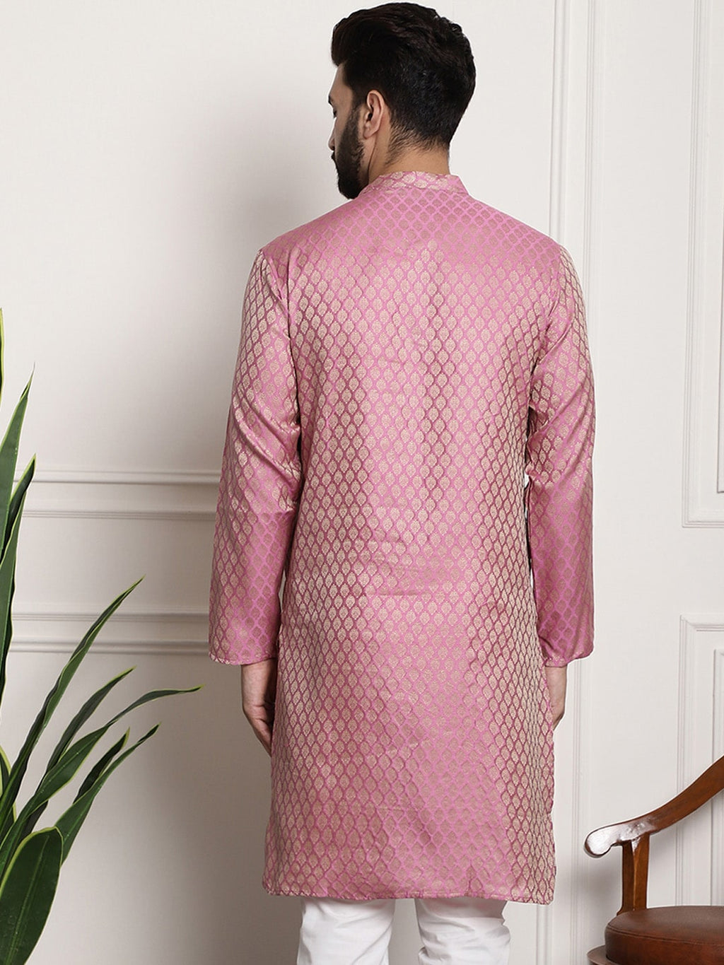 Sojanya Men Pink & Beige Ethnic Motifs Jacquard Woven Design Straight Kurta