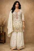 Anaita White Chinon Stitched Plazzo Suit With Embroidery Work