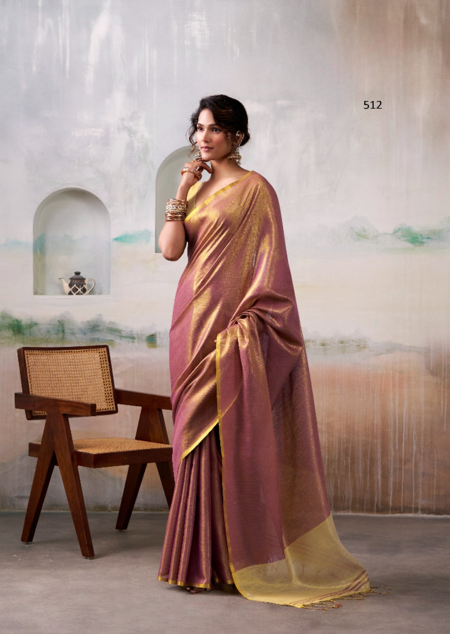Anaita Pink Gold Handloom Tissue Silk Self Woven Plain Saree