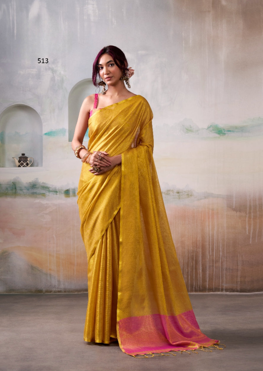 Anaita Yellow Handloom Tissue Silk Self Woven Plain Saree