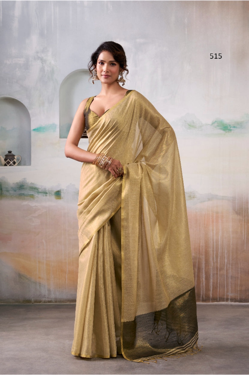 Anaita Beige Handloom Tissue Silk Self Woven Plain Saree