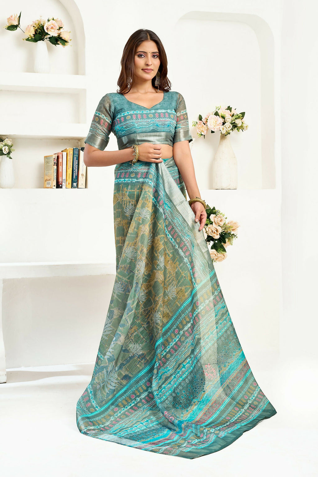 Joban Fashion Petrol Ethinic Motifs Linen Ready To Wear Saree With Unstitched Blouse