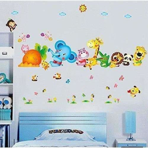 Happy Cute Elephant Monkey Cartoon Animals  Wall Sticker