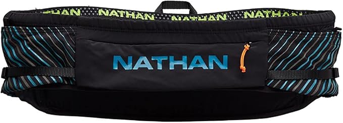 Nathan Running Belt Pinnacle Hydration Waistbelt/WaistPack. Includes Soft Flask, Storage, Zipper Pocket. For Running, Hiking Fanny Pack. No Bounce! (XXS/XS, Black/Blue)
