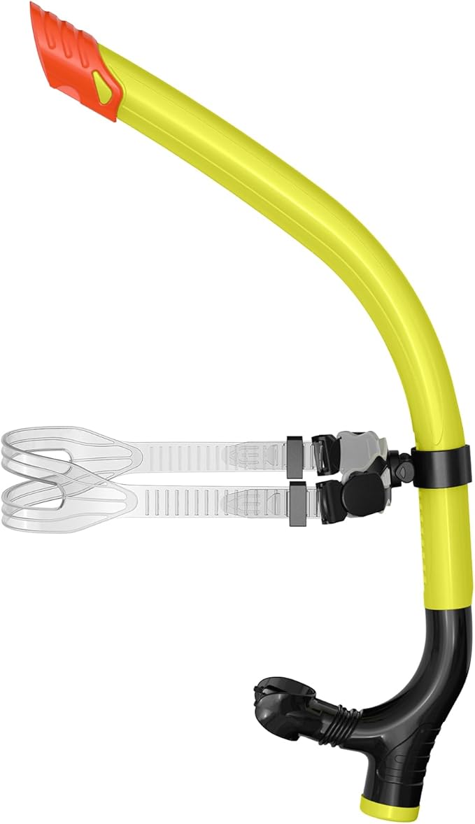 Swimmer's Snorkel for Lap Swimming, Adult Snorkeling Gear Swim Training, Center-Mount Silicone Mouthpiece One-Way Purge Valve in Pool and Open Water