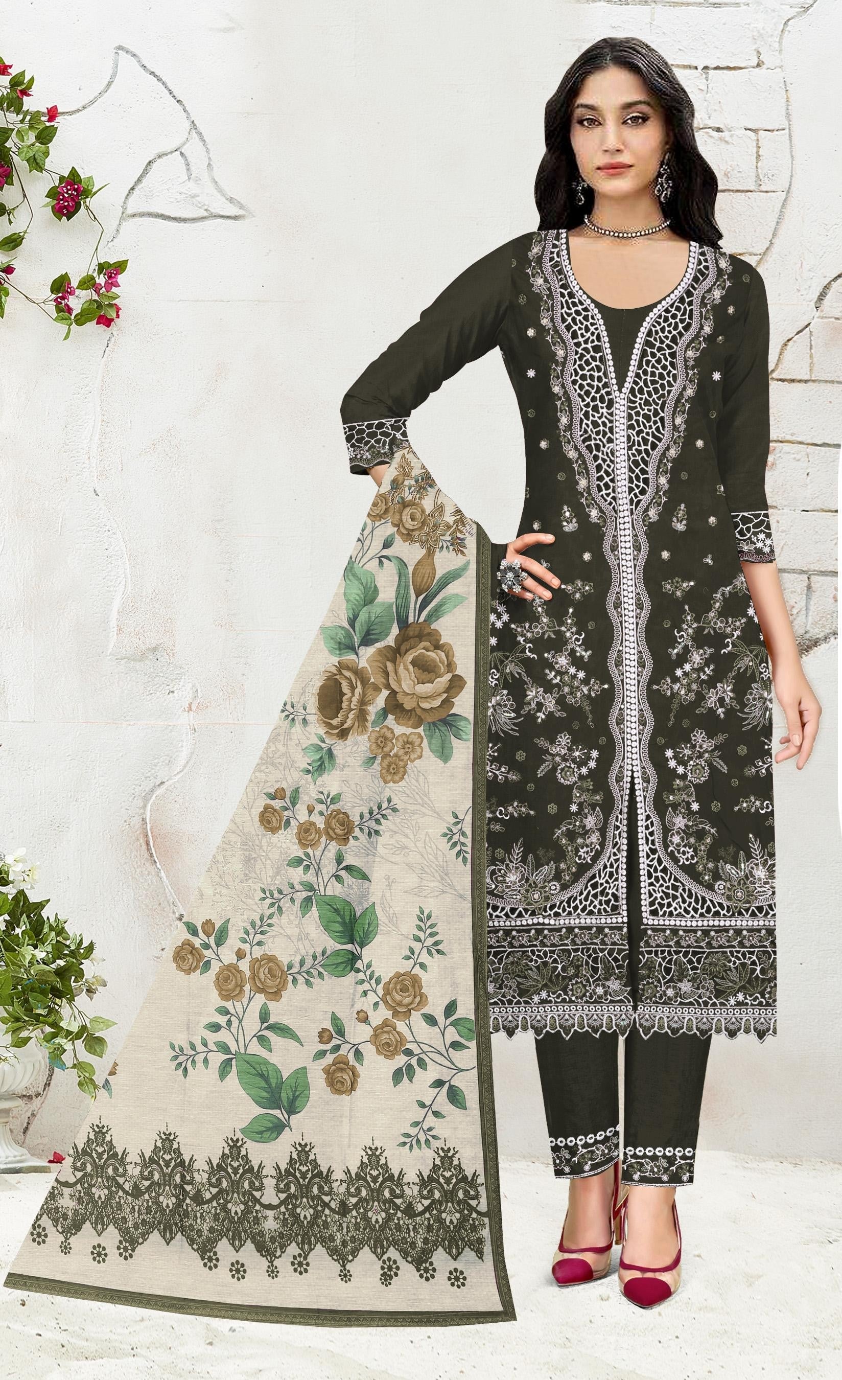 Anaita Mehndi Slub Cotton Suit with Embroidered Multi Work