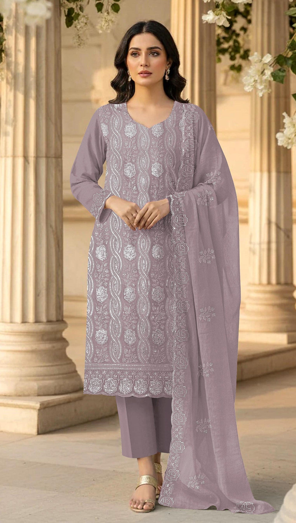 Anaita Lavender Faux Georgette Suit With Embroidery & Sequence Work