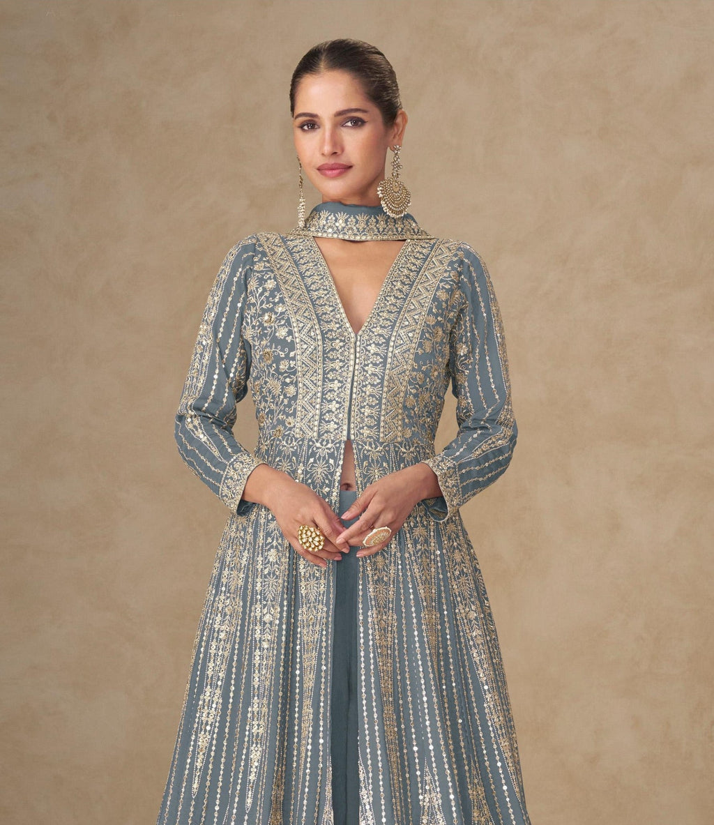 Anaita Grey Chinon Stitched Anarkali Suits With Embroidery & Sequence Work