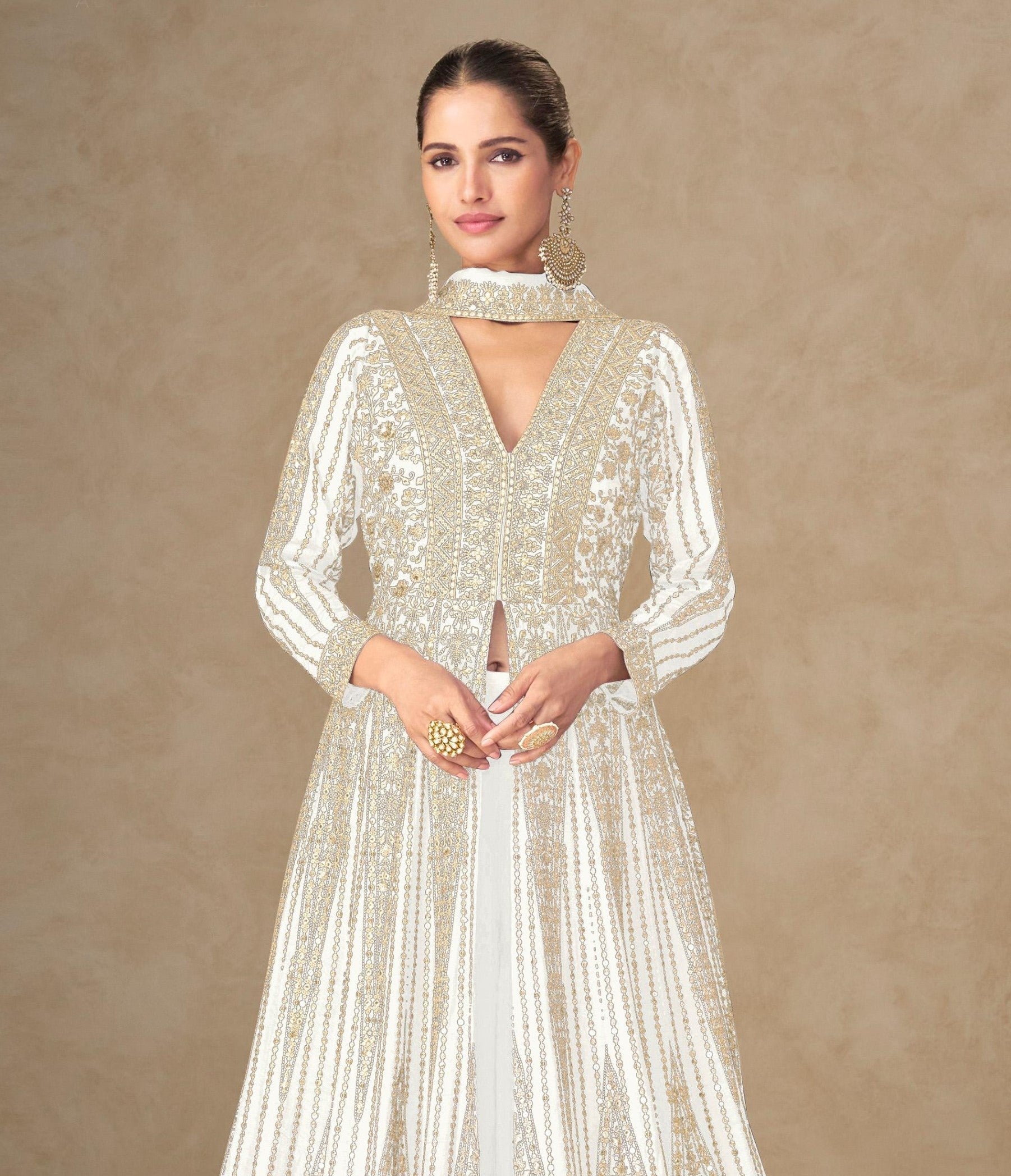 Anaita White Chinon Stitched Anarkali Suits With Embroidery & Sequence Work