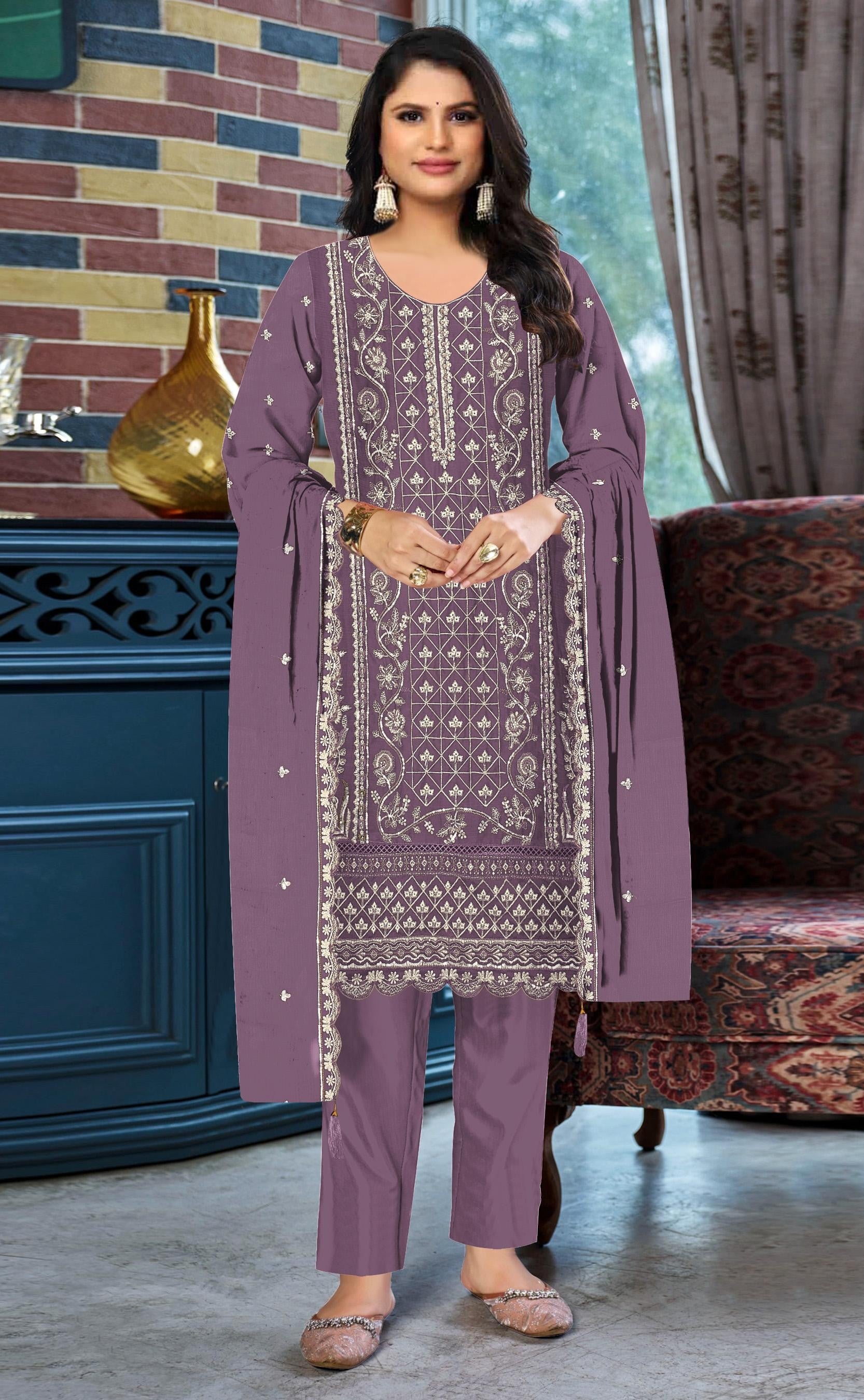 Anaita Purple Chiffon Suit with Embroidered & Sequence Work