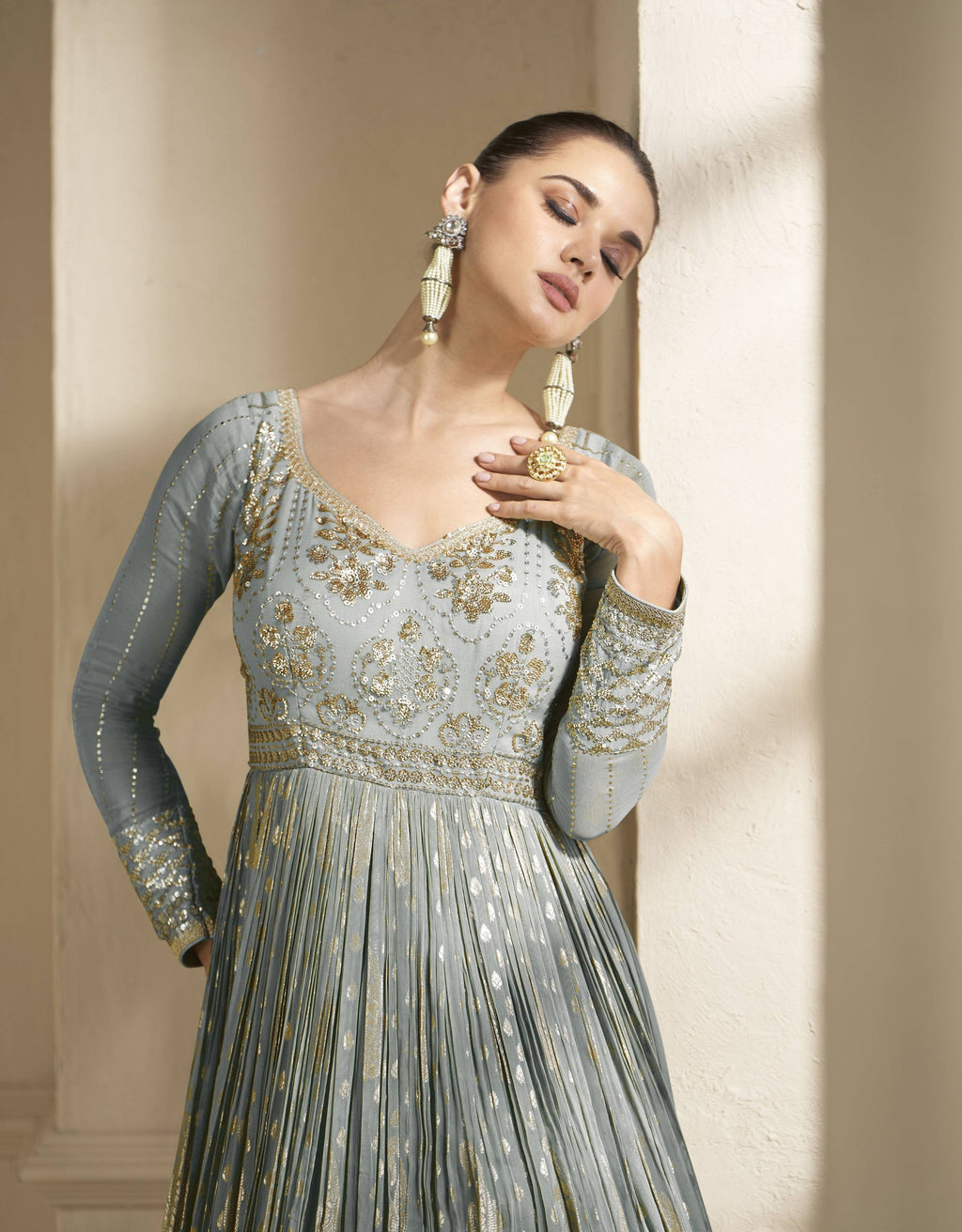 Anaita Grey Embroidered Viscose Jacquard Anarkali Suit