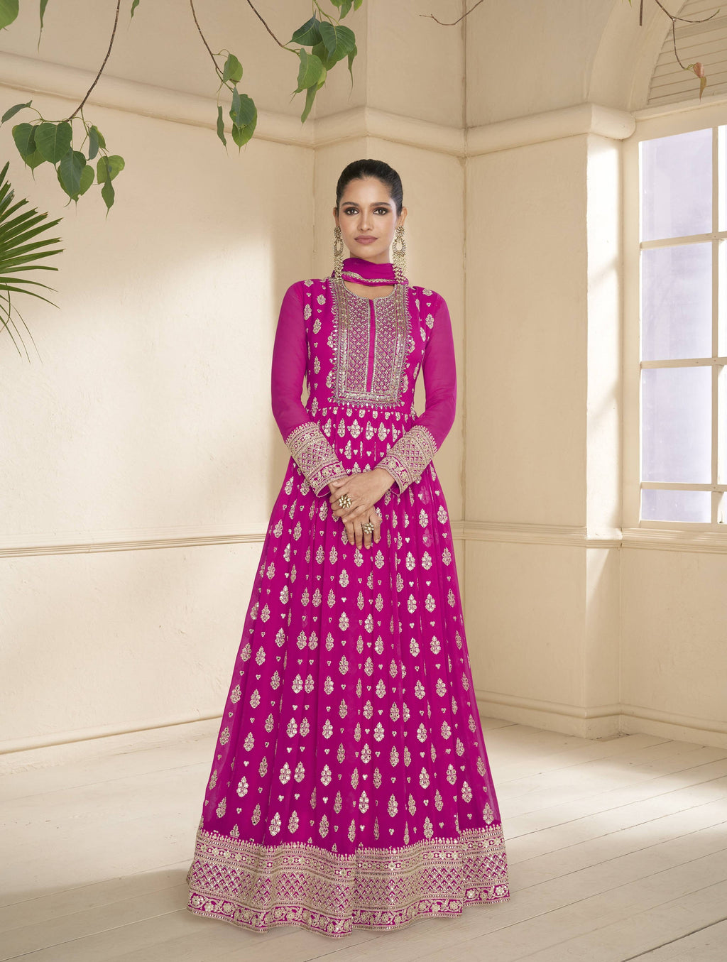 Anaita Pink Embroidered Viscose Jacquard Anarkali Suit