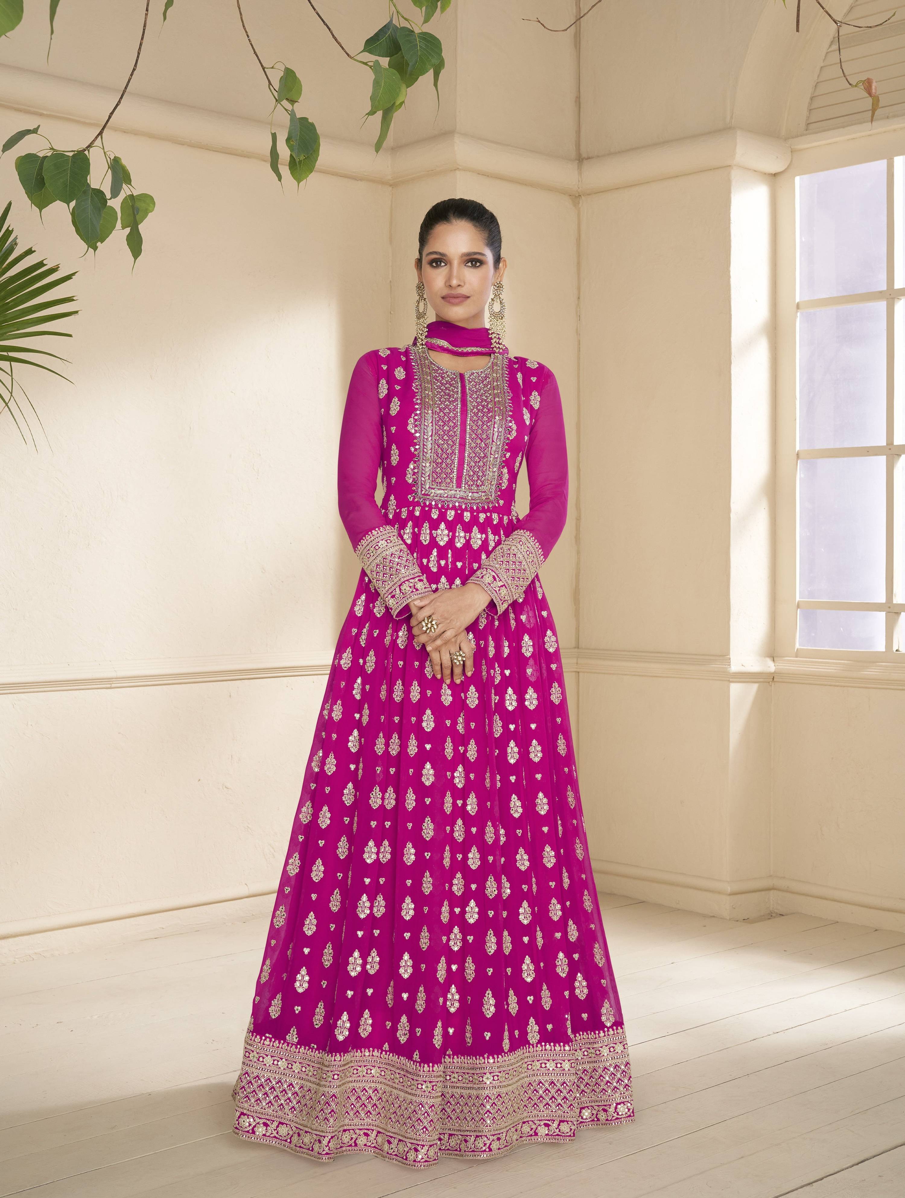 Anaita Pink Embroidered Viscose Jacquard Anarkali Suit