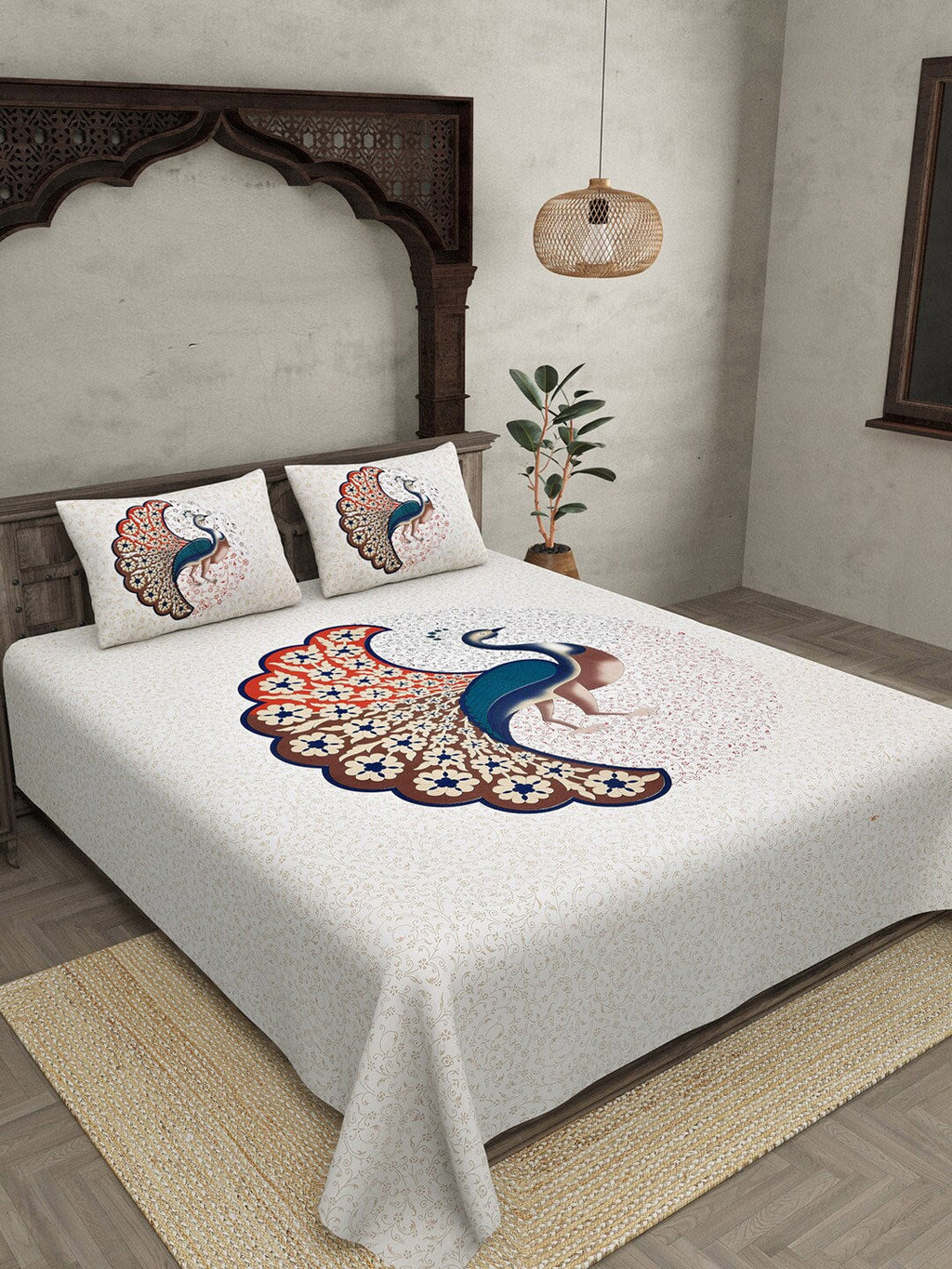 JAIPUR FABRIC Off White & Red Printed 240 TC Cotton King Bedsheet with 2 Pillow Covers