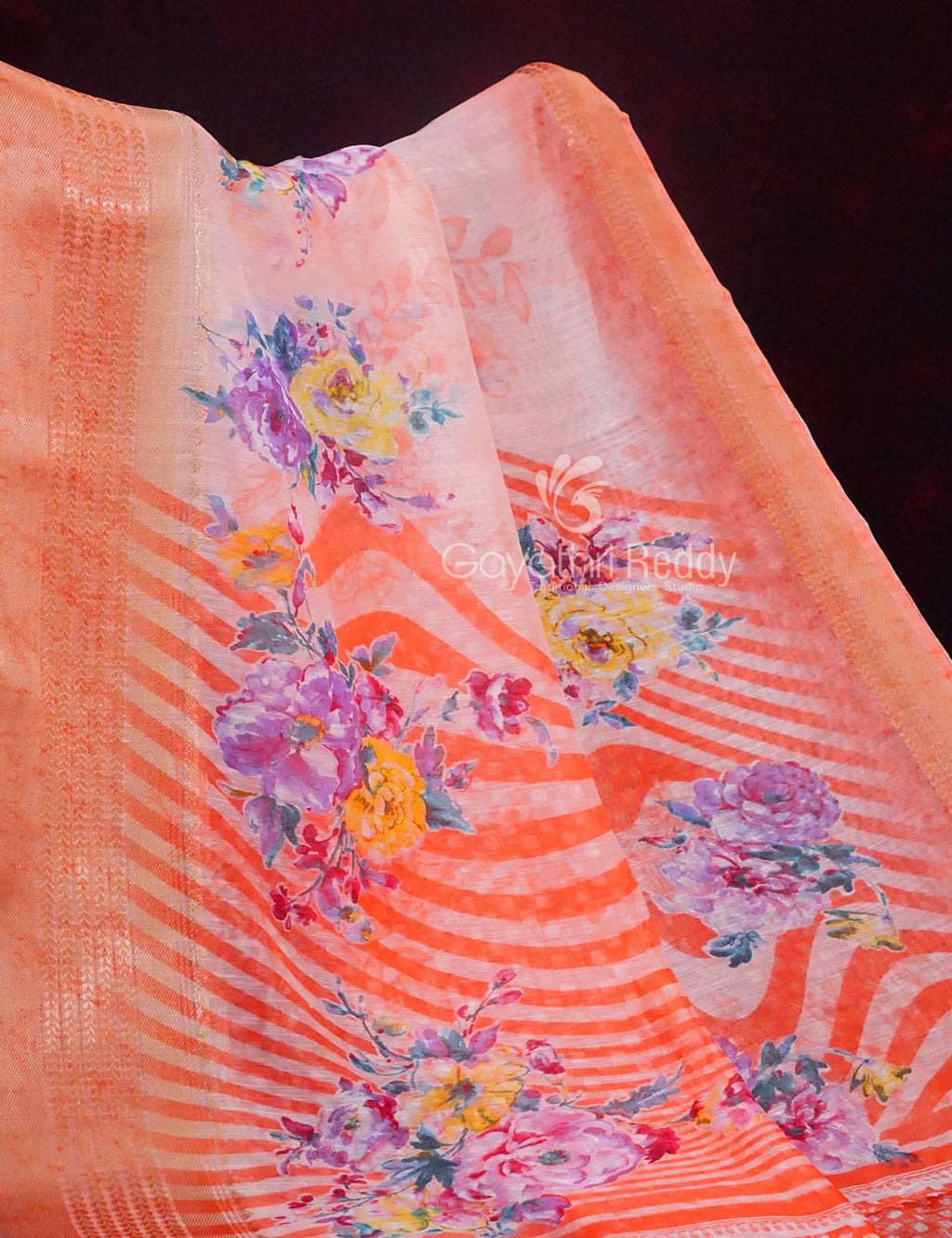 Vibrant Combination of Baby Peach and Orange with Floral Design Semi Chanderi Saree By Gayathri Reddy Designer Studio