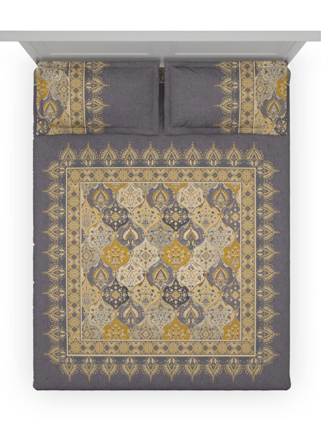 DDecor Grey & Yellow Ethnic Motifs Cotton 140 TC King Bedsheet With 2 Pillow Covers