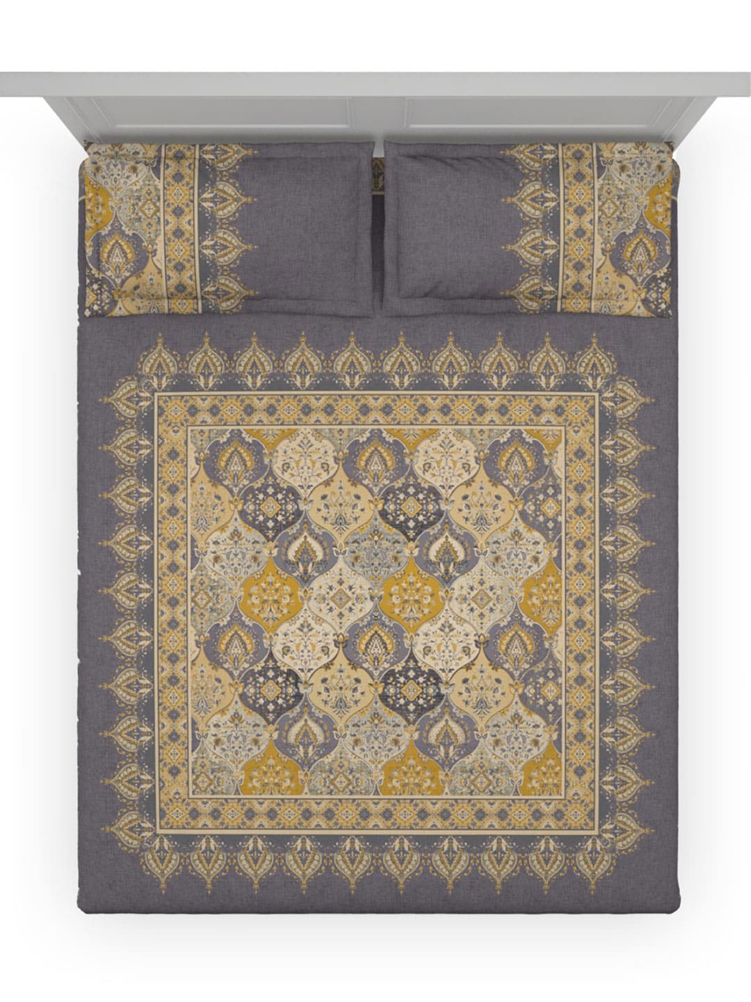 DDecor Grey & Yellow Ethnic Motifs Cotton 140 TC King Bedsheet With 2 Pillow Covers