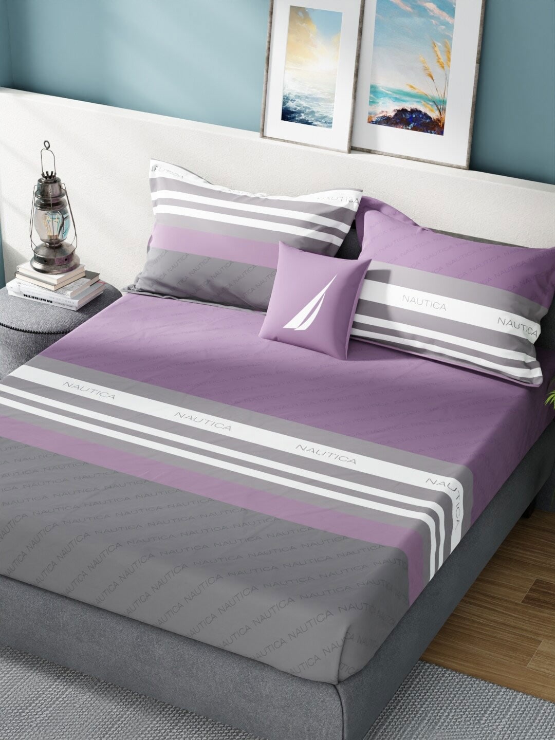 Nautica Bradford Purple & Grey Striped 160 TC Pure Cotton King Bedsheet & 2 Pillow Covers