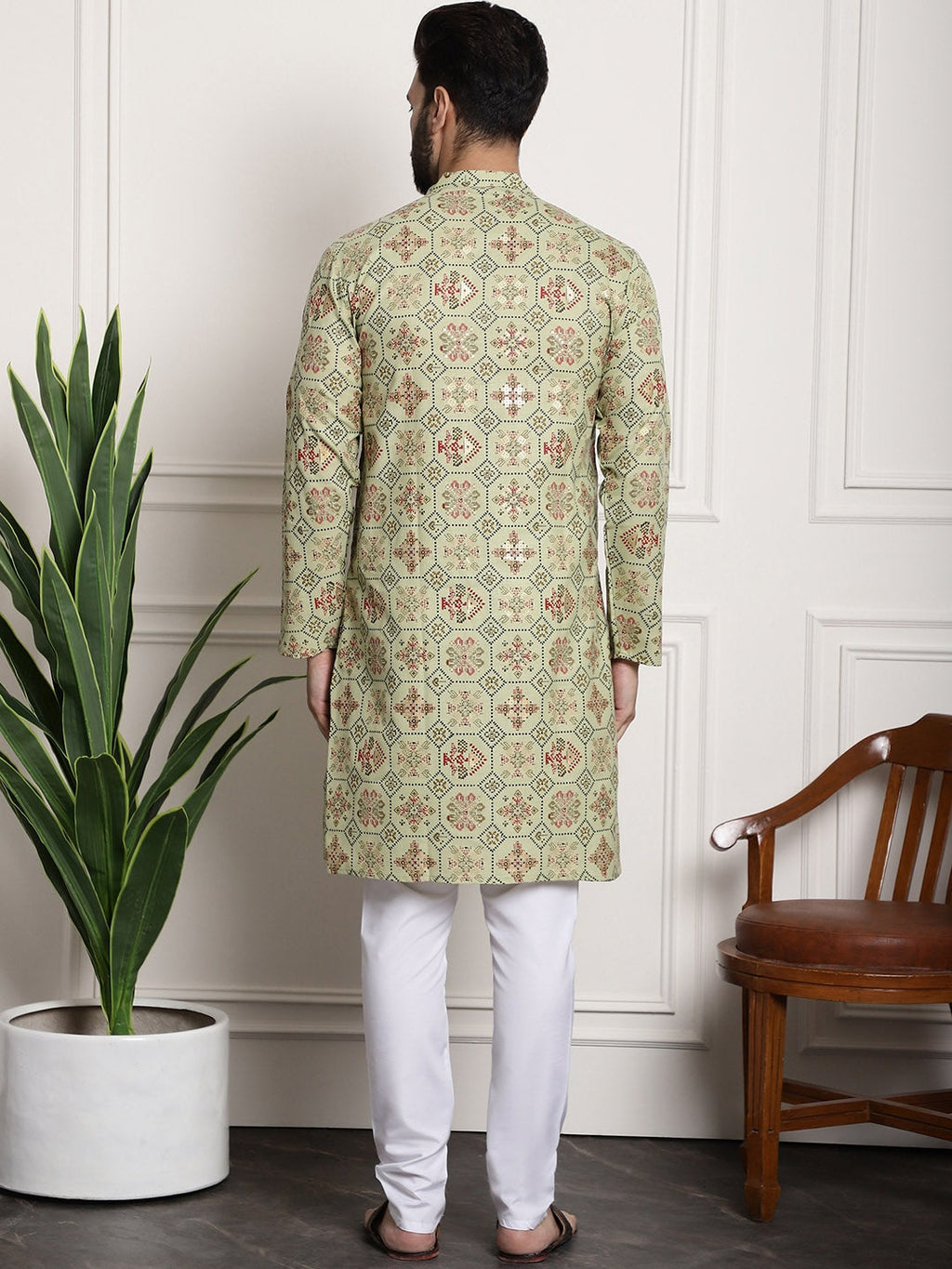 Sojanya Men Green Printed Cotton Linen Kurta with Churidar