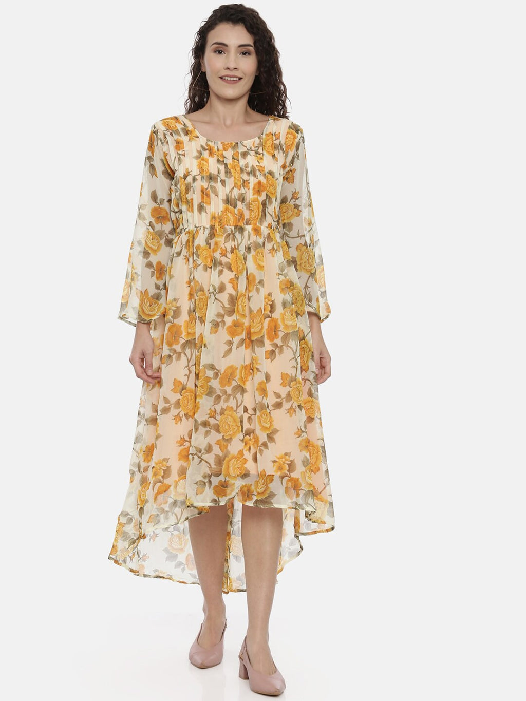 Souchii Cream-Coloured Floral Printed A-Line Dress