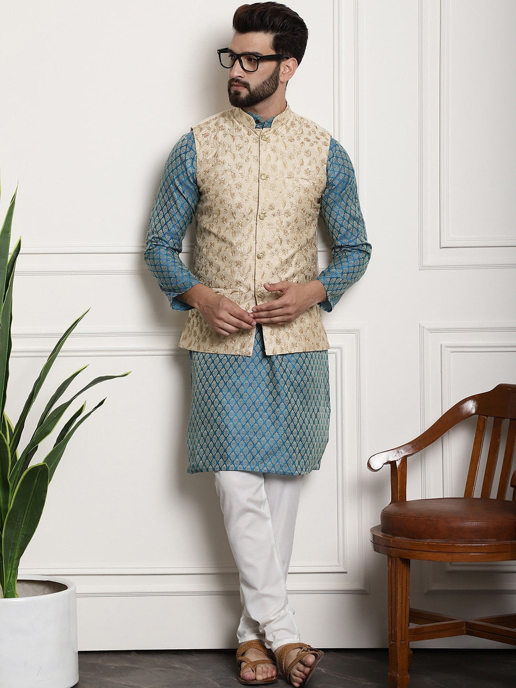 Sojanya Woven Design Mandarin Collar Kurta with Churidar & Nehru Jacket