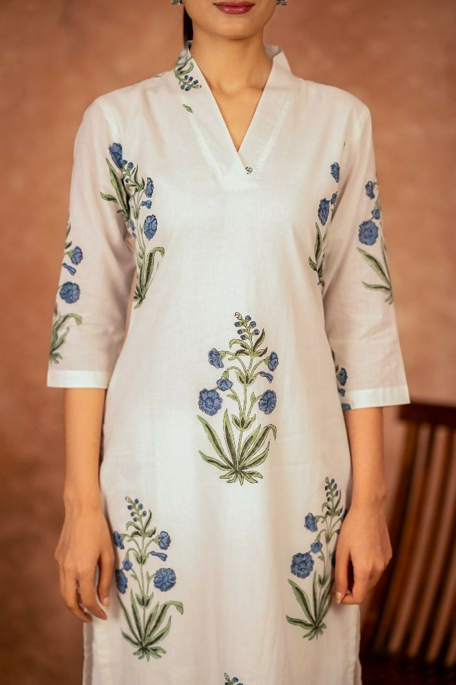Joban Fashion Off White Blue Hand Block Printed Cotton Suit Set