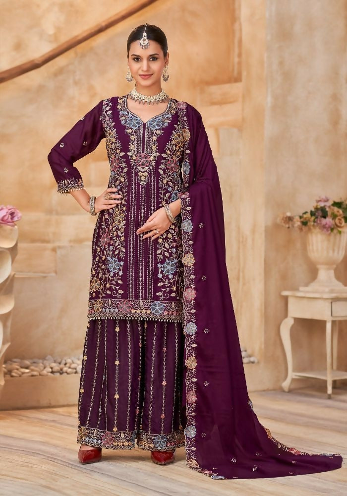 Anaita Maroon Vichitra Silk Readymade Palazzo Suit with Embroidery & Lace Work