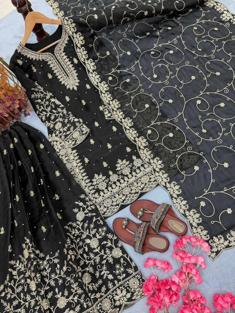 Teeya Creation Black Pure Silk Gimmy Silk Heavy Embroidery Work Wedding Wear Palazzo Pair