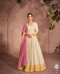 Anaita Off White & Yellow Viscose Shimmer Embroidered Readymade Anarkali Suit