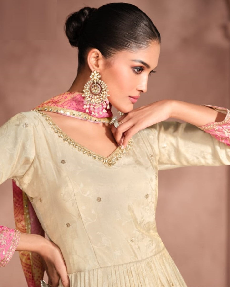 Anaita Off White & Pink Viscose Shimmer Embroidered Readymade Anarkali Suit