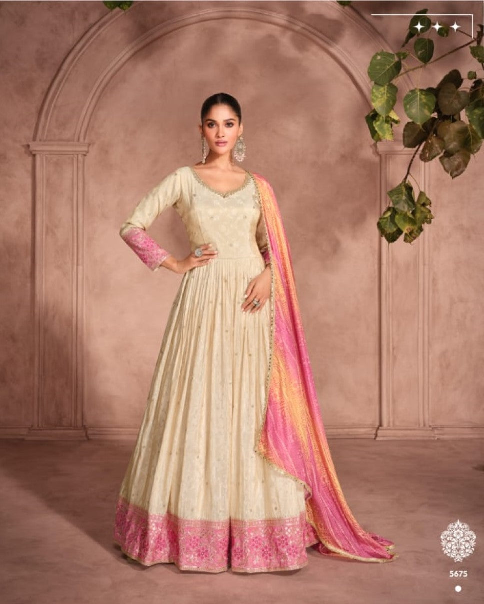 Anaita Off White & Pink Viscose Shimmer Embroidered Readymade Anarkali Suit