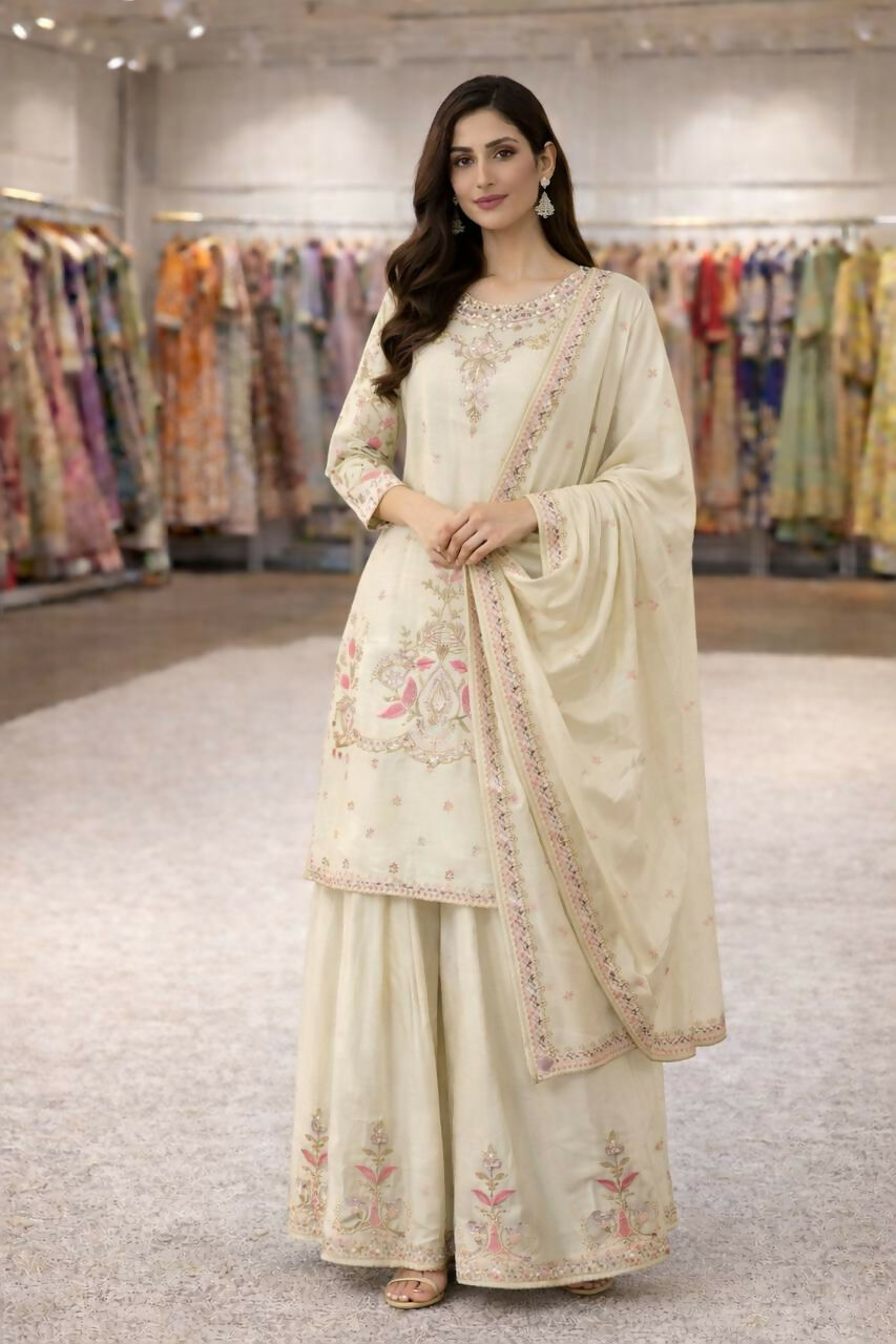Teeya Creation Cream Chinnon Designer Embroidery Work Party Wear Salwar Suit