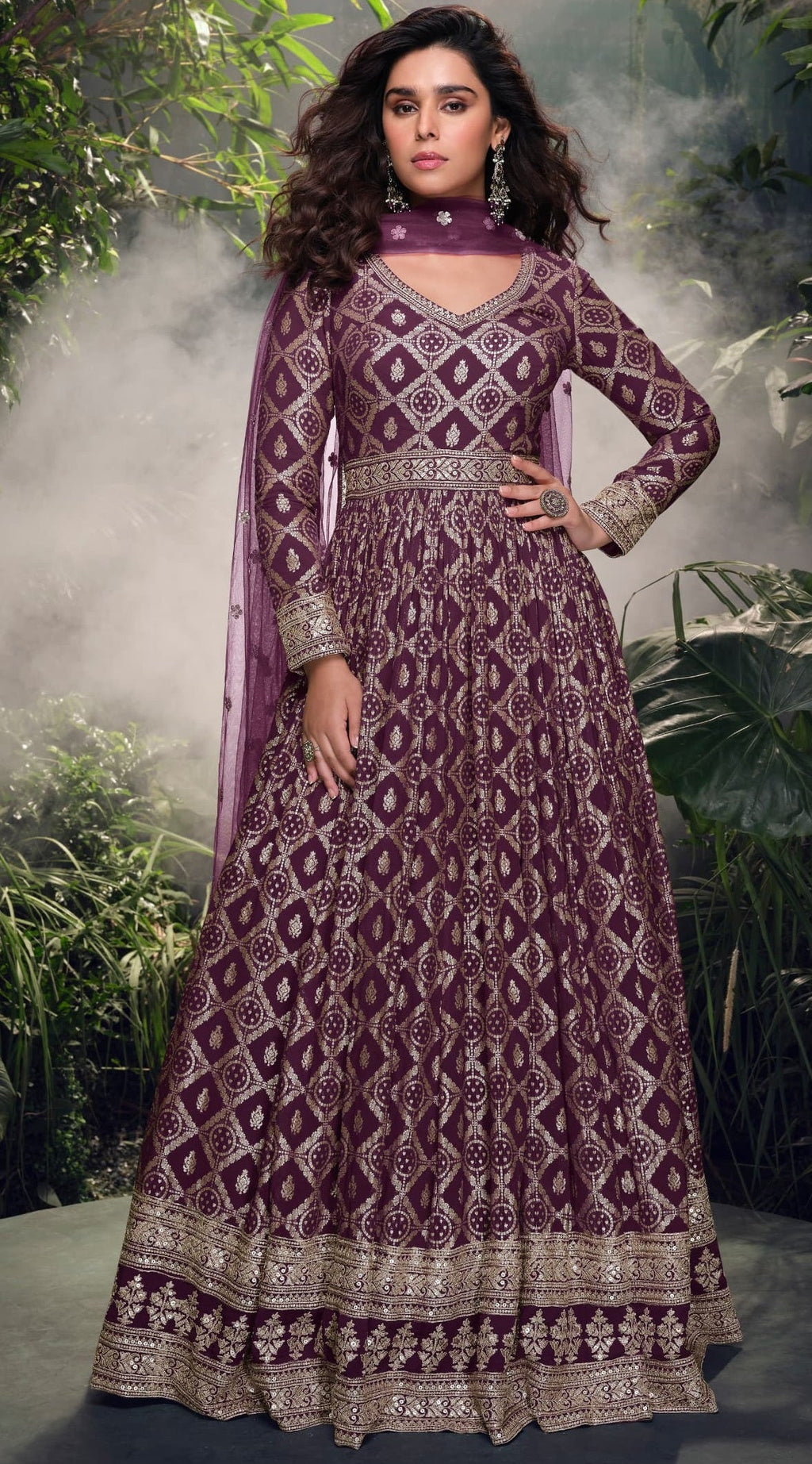 Anaita Wine Viscose Simar Jacquard Stitched Handmade Khatli Work Anarkali Gown