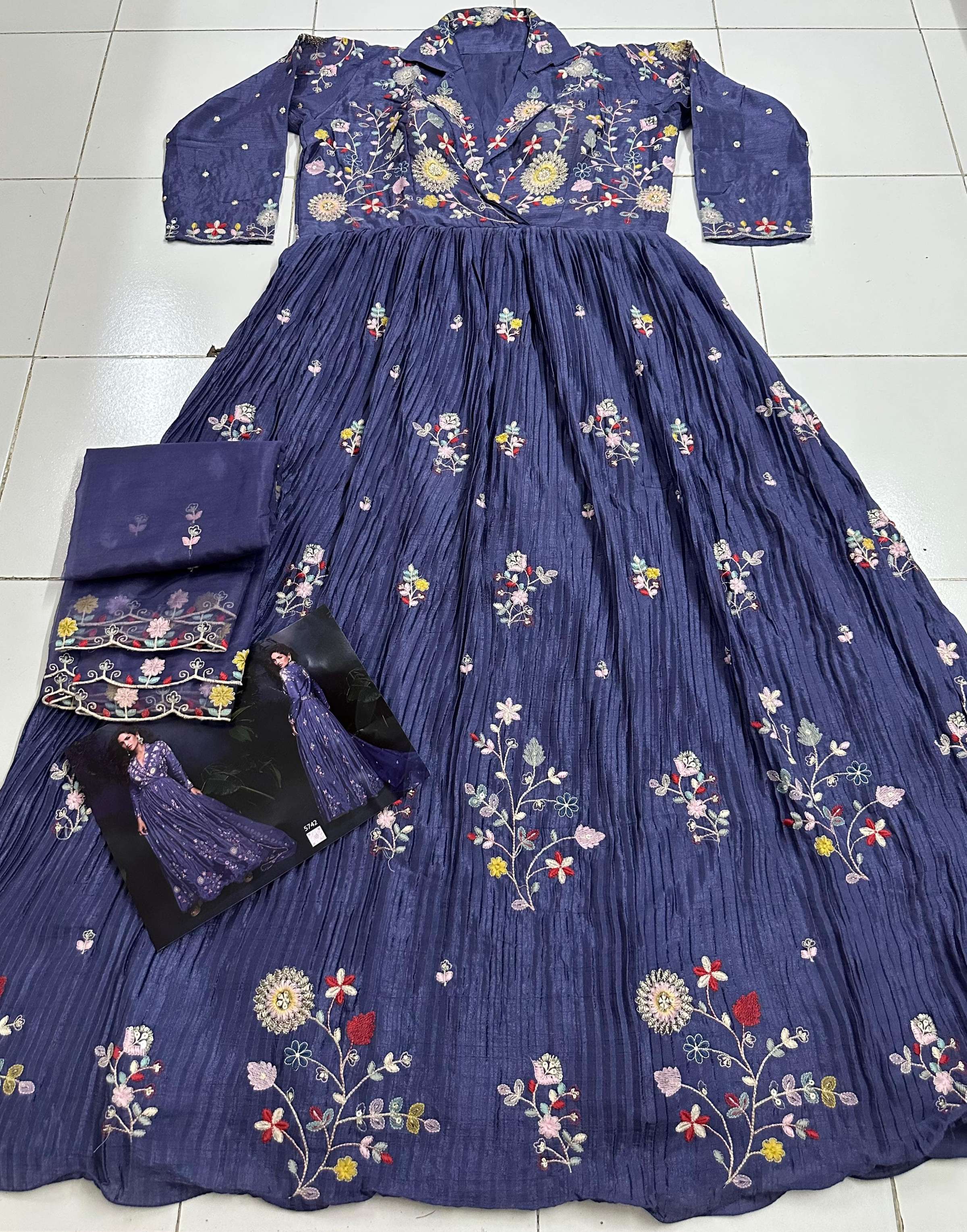 Anaita Dark Lavender Heavy Chinon With Embroidery Stitched Gown