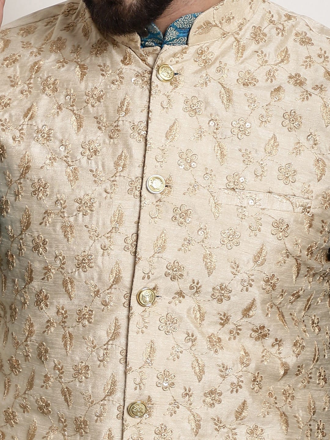 Sojanya Woven Design Mandarin Collar Kurta with Churidar & Nehru Jacket