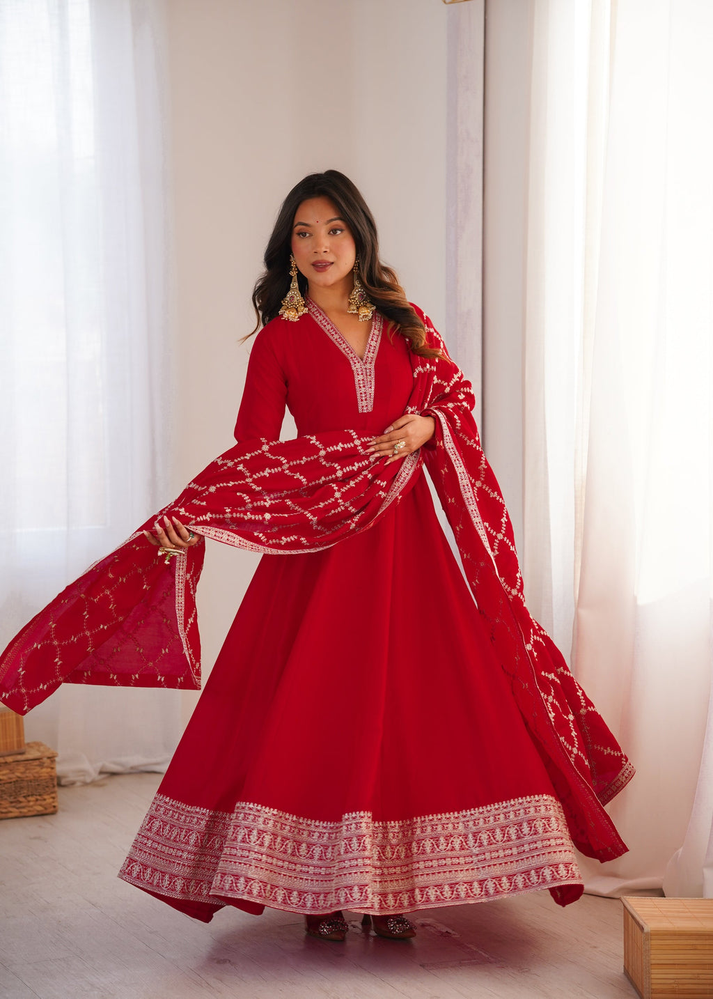 Lorenvalley Fashion Red Vichitra Silk with Full Kali Pattern Embroidery work Anarkali Gown with Dupatta