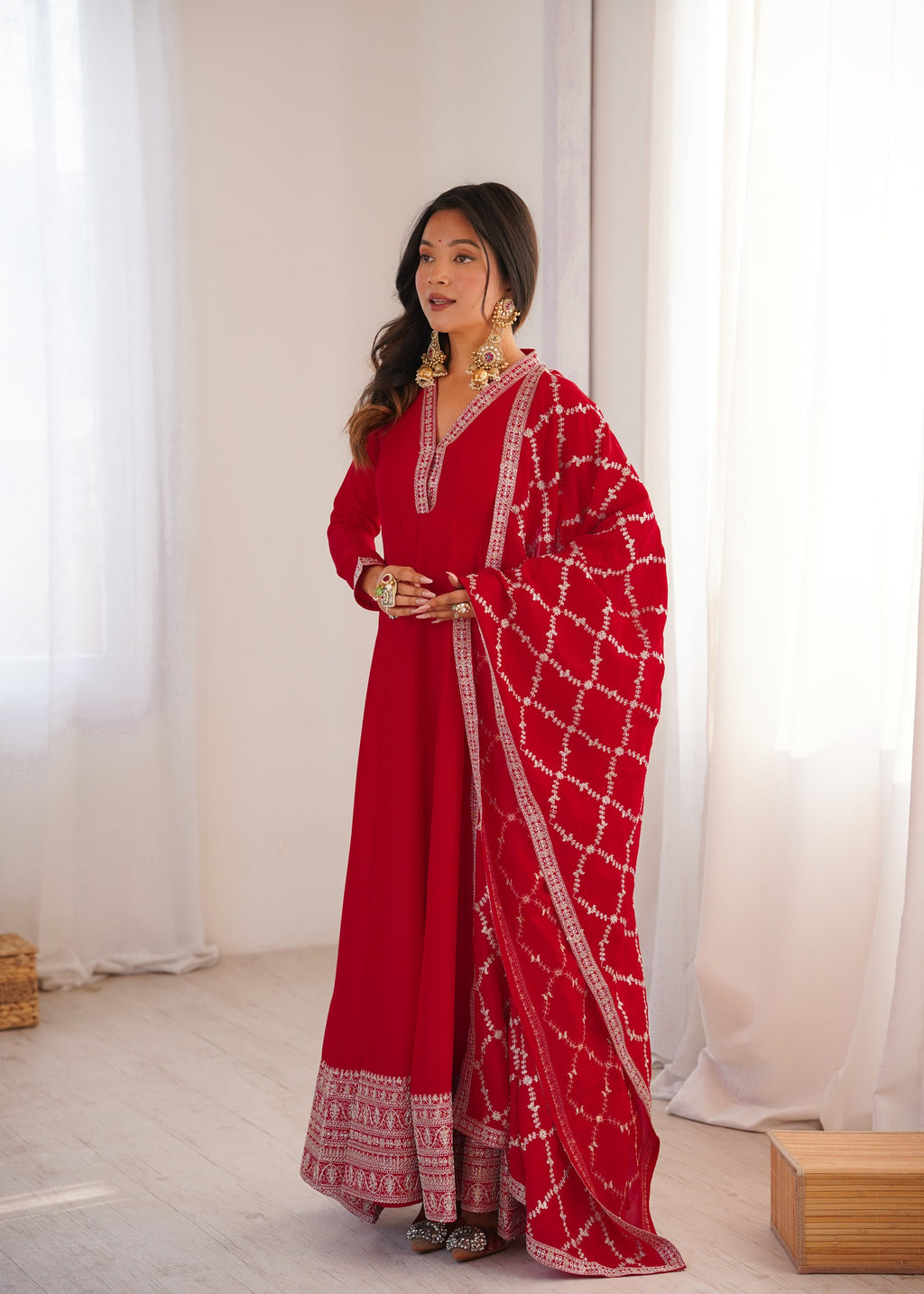 Lorenvalley Fashion Red Vichitra Silk with Full Kali Pattern Embroidery work Anarkali Gown with Dupatta