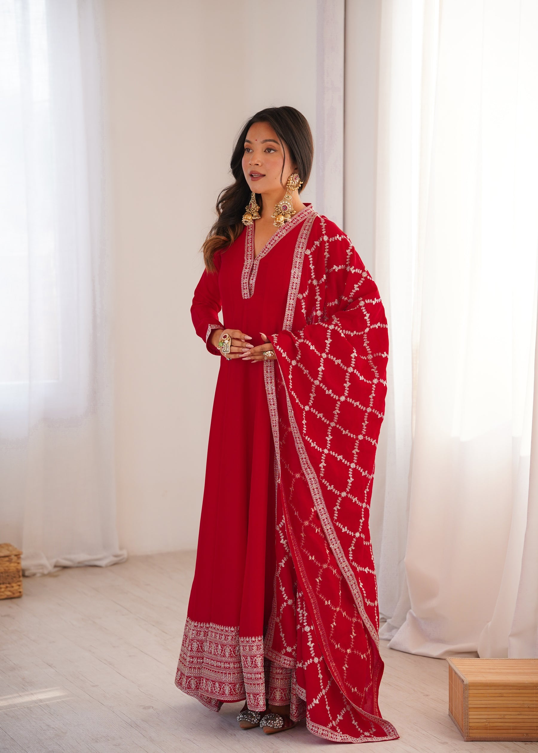 Lorenvalley Fashion Red Vichitra Silk with Full Kali Pattern Embroidery work Anarkali Gown with Dupatta